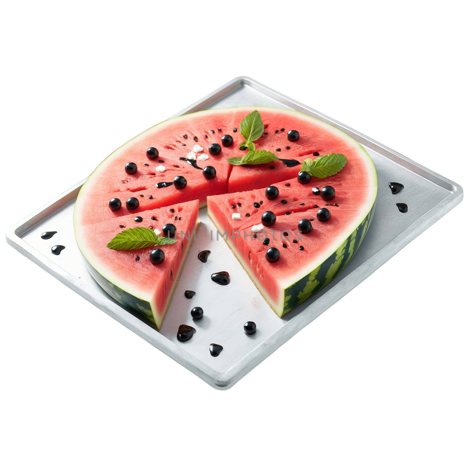 Watermelon pizza with watermelon slices feta cheese mint leaves and a balsamic drizzle on a. close-up food, isolated on transparent background