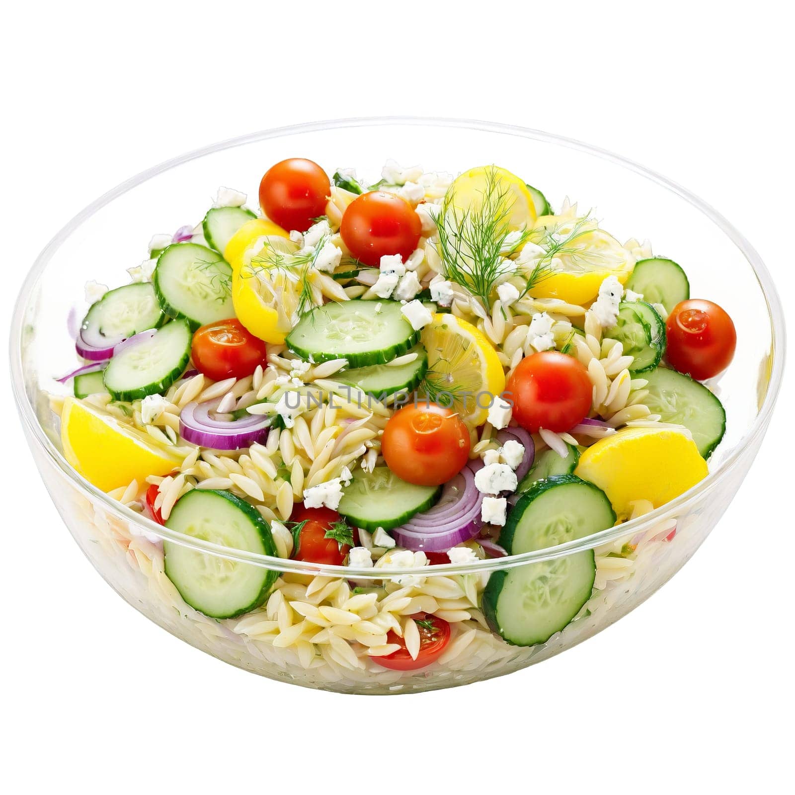 Orzo salad with cooked orzo pasta cherry tomatoes cucumber red onion and feta cheese tossed. Food isolated on transparent background