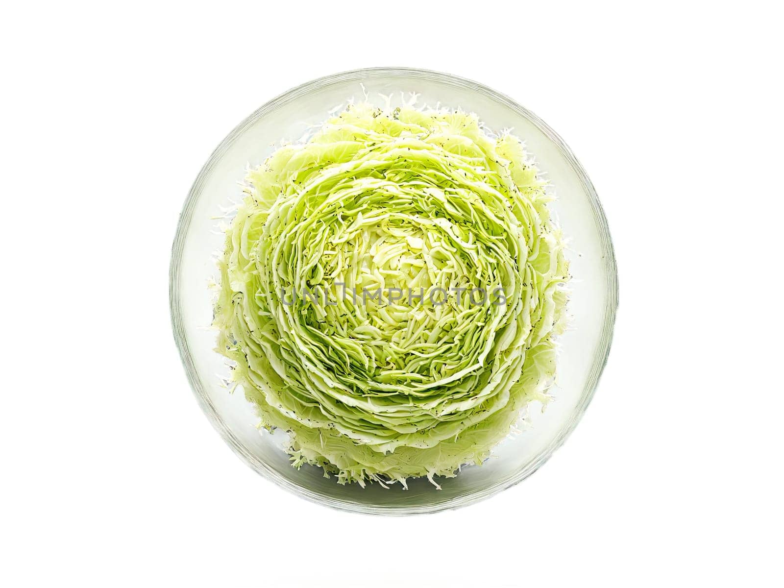 Cabbage shredded and dressed with vinaigrette served in a transparent glass bowl crisp and tangy. Food isolated on transparent background.
