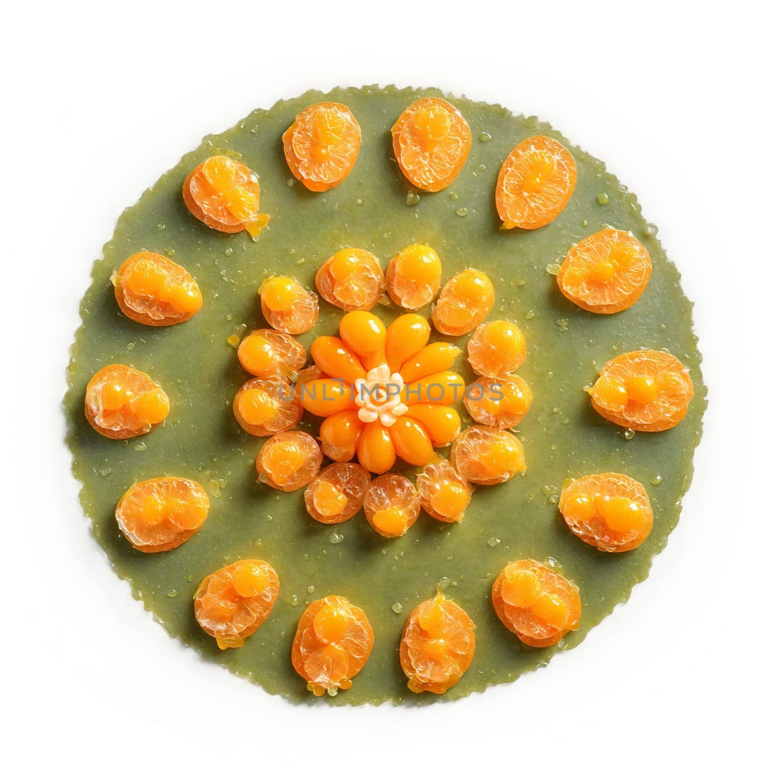 Kumquat mandala a tart arrangement of kumquats with slices tossing and zest scattering. Food isolated on transparent background.