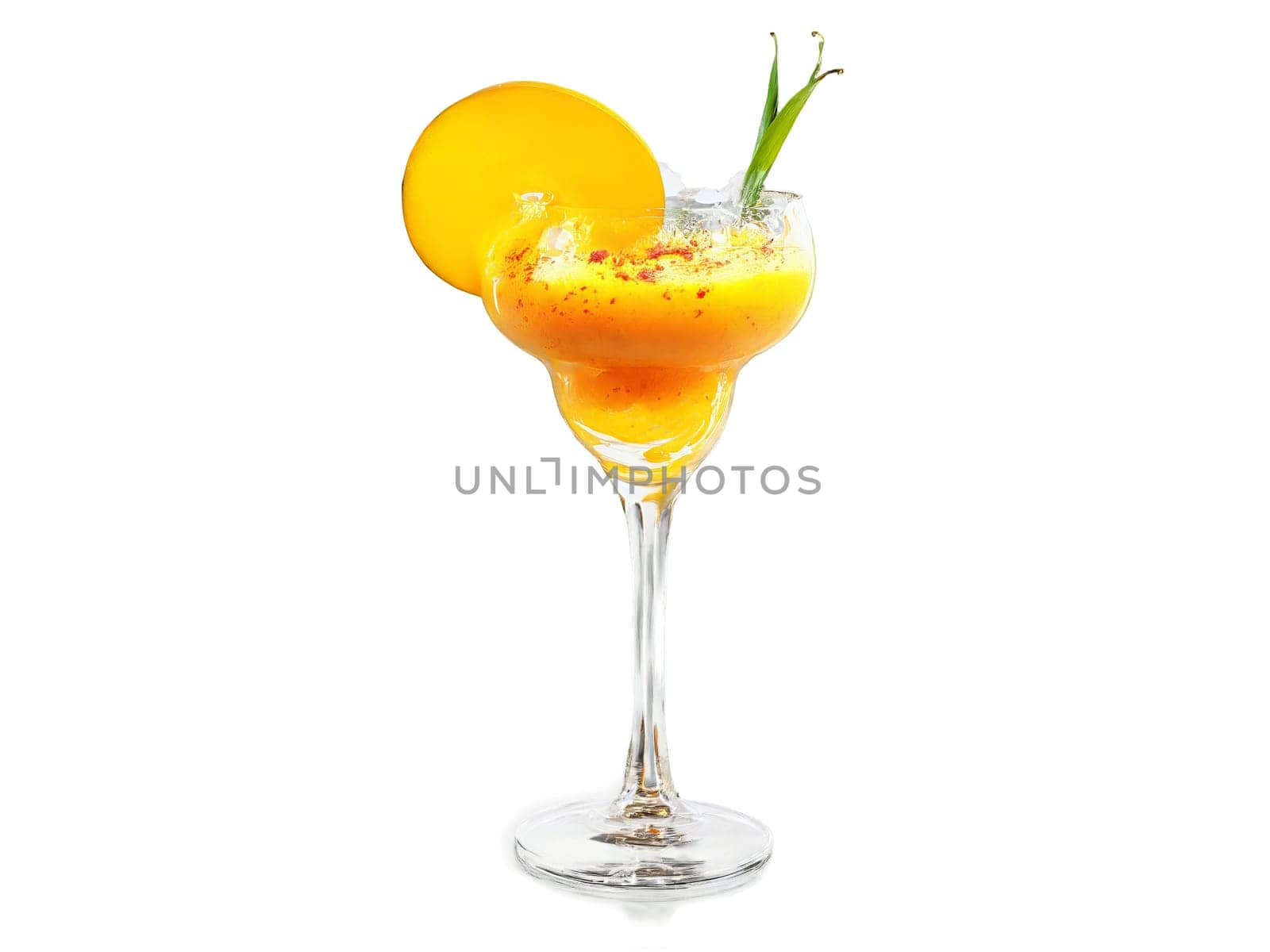 Mango soda in a curved glass mango slices and chili powder exotic and spicy vibrant. Drink isolated on transparent background.