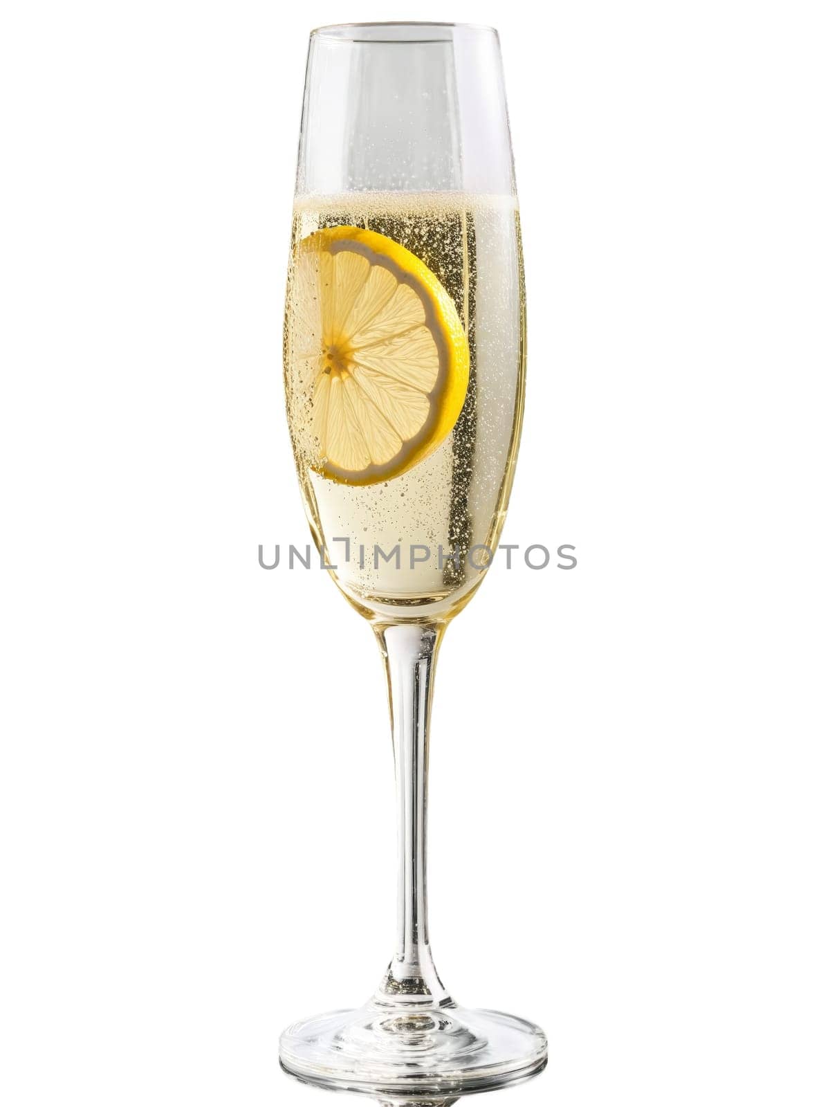 French A champagne flute showcases sparkling wine and twist of lemon celebrating the elegance. Drink isolated on transparent background.