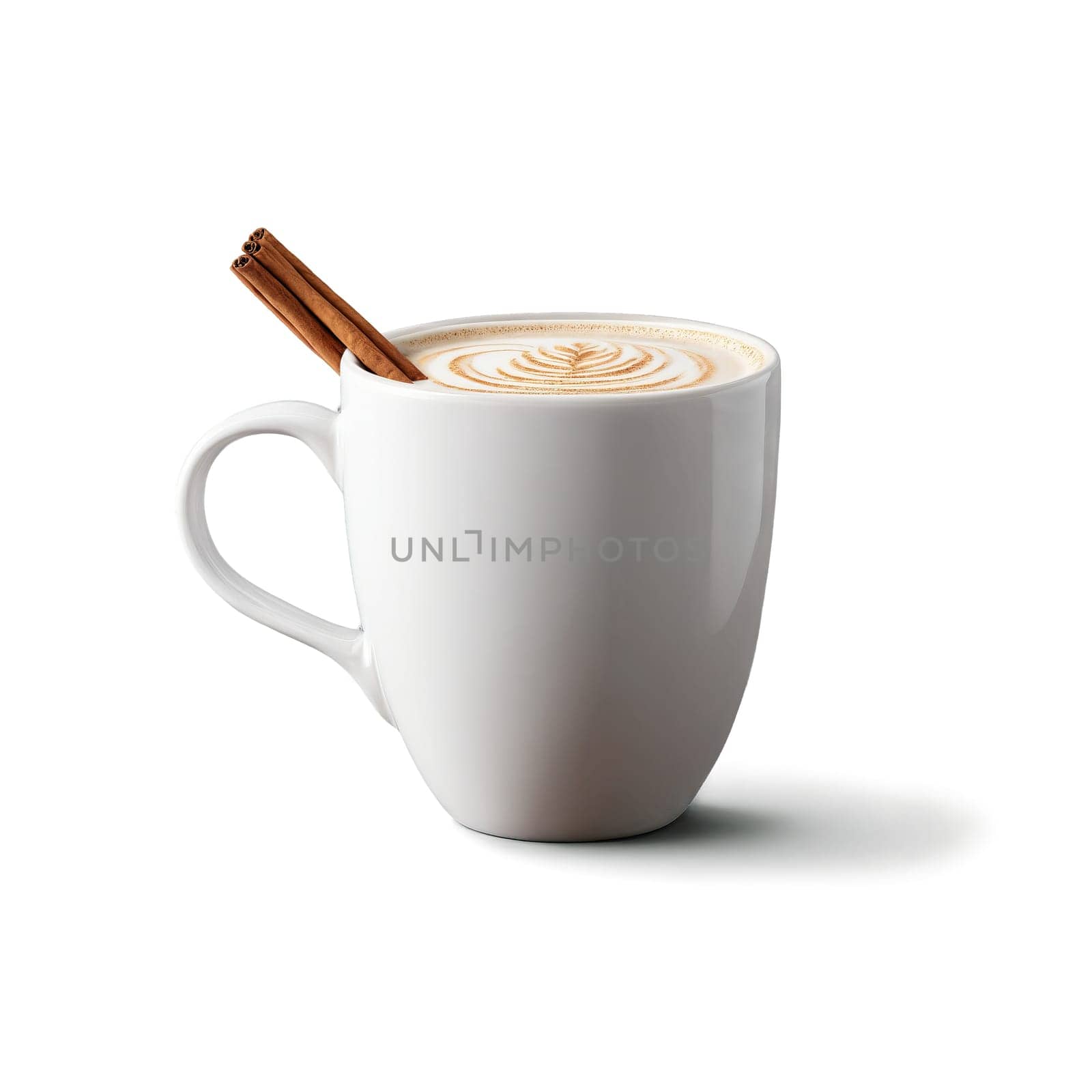 Chai latte mug large and rounded with a cinnamon stick handle one empty and one. Food isolated on transparent background.