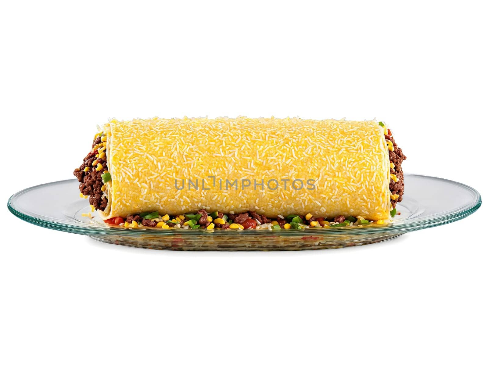 Burrito stuffed with rice beans cheese and beef served on a transparent glass dish hearty. Food isolated on transparent background.