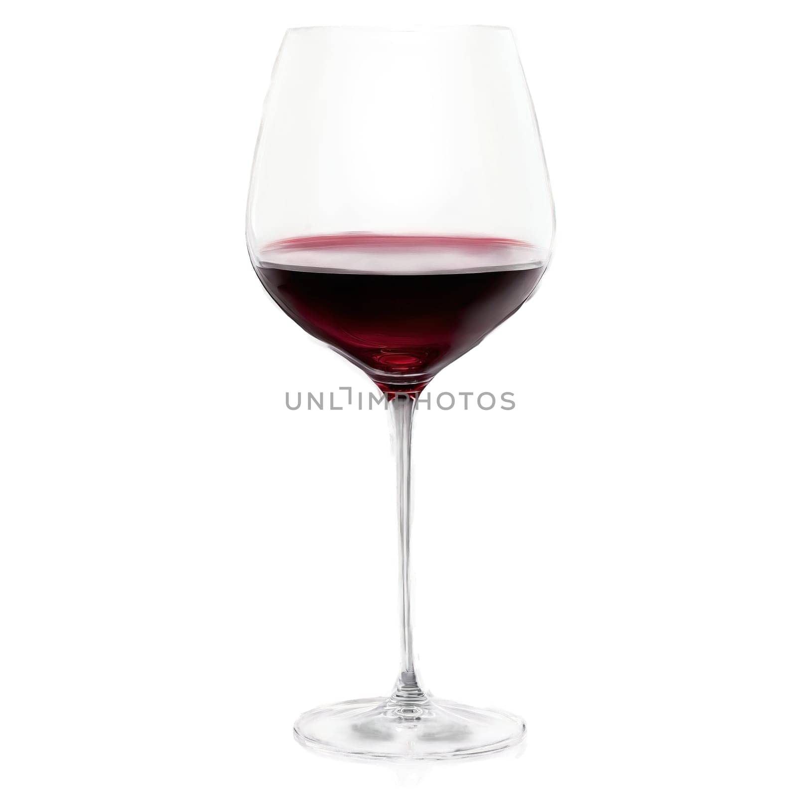 Spiegelau Vino Grande Bordeaux glass thin crystal stemware oversized bowl gentle swirl of deep crimson. Close-up wine glass, isolated on transparent background
