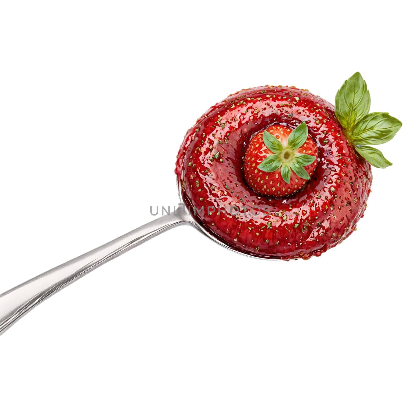 Strawberry basil jam swirl vibrant red and flecked with green twirling off a spoon with. Food isolated on transparent background.