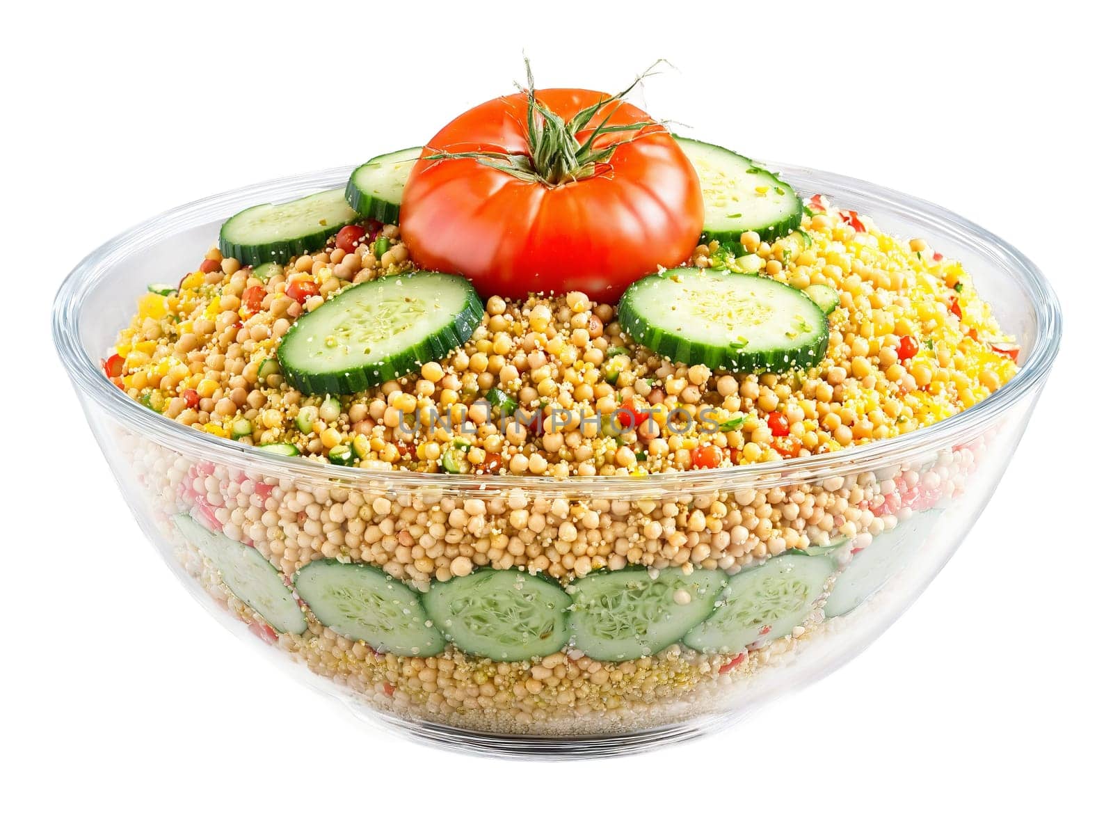 Salad Mediterranean couscous with chickpeas tomatoes and cucumbers served in a transparent glass bowl light. Food isolated on transparent background.