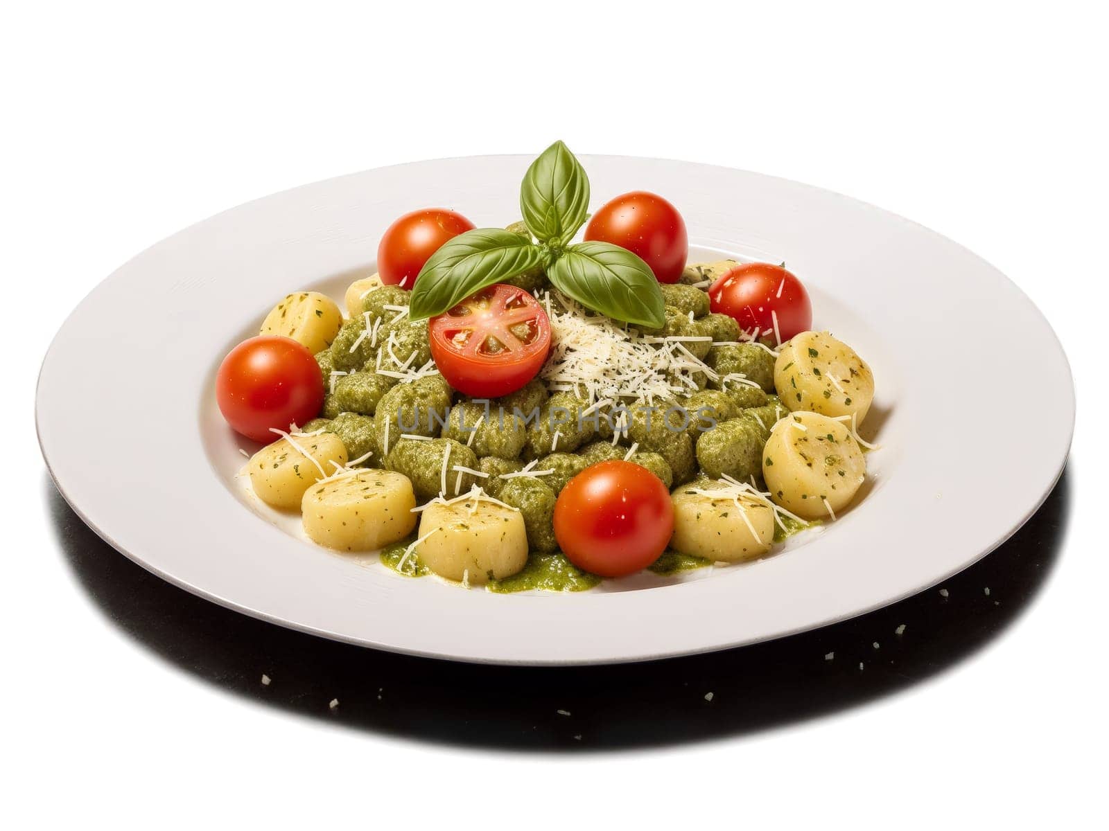 Gnocchi with pesto cherry tomatoes and parmesan cheese. Food isolated on transparent background.