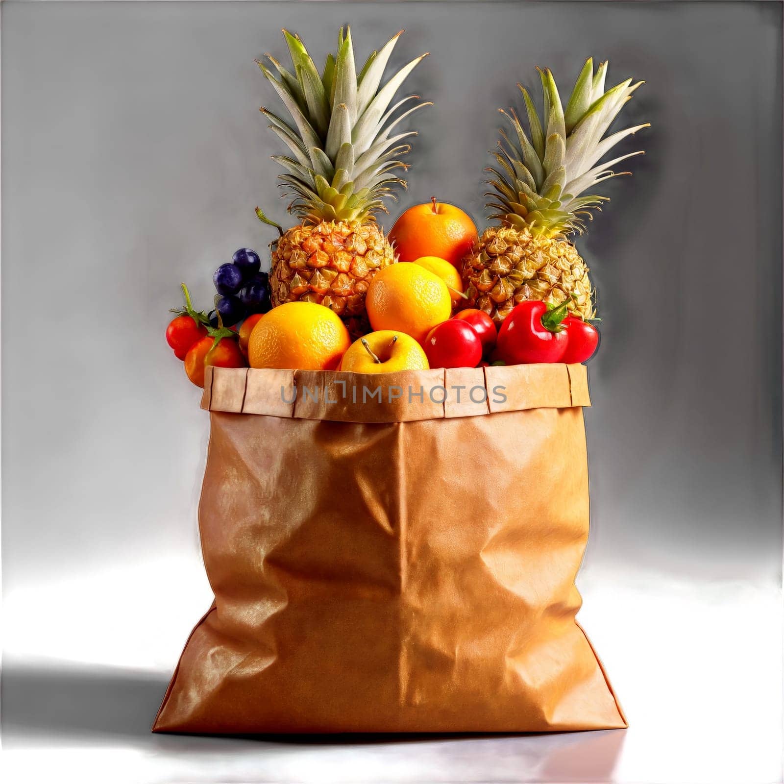 Sturdy paper bag bursting with ripe juicy fruits with colorful produce overflowing Food and Culinary. Food isolated on transparent background.