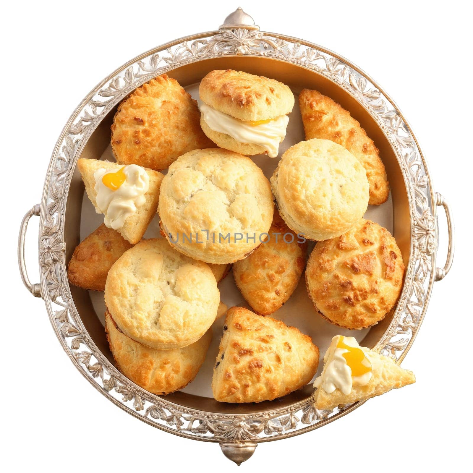 Scones flaky wedges in glass basket clotted cream dolloping Food and Culinary concept. Food isolated on transparent background.