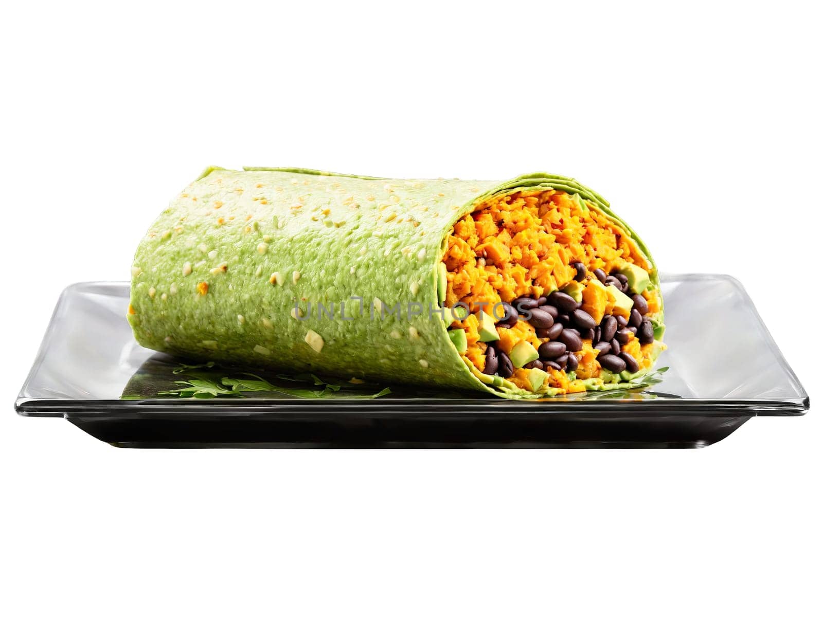 Vegan Burrito with sweet potato black beans and avocado served on a transparent glass plate. Food isolated on transparent background.