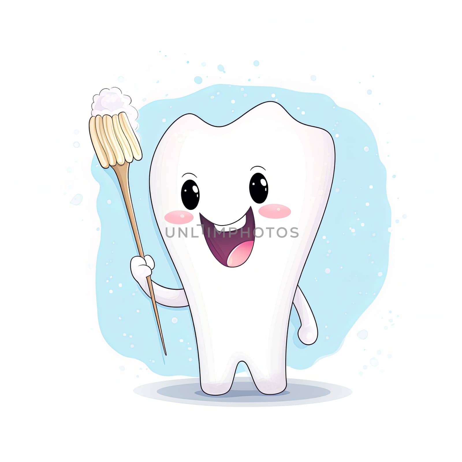 An illustration of a smiling tooth holding a bristled toothbrush, wearing shoes, and standing on white. The character has a big smile, open eyes, and holds the toothbrush in its left hand.