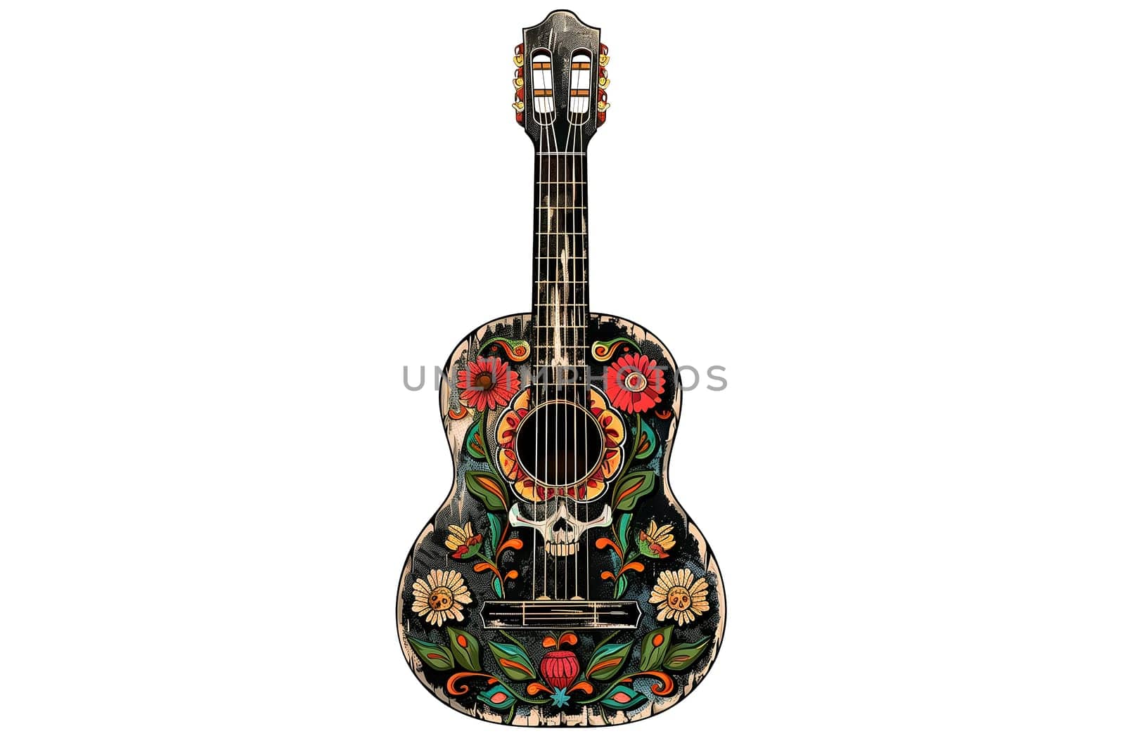 A guitar with flowers and skulls painted on it. The guitar is black and white with a colorful design