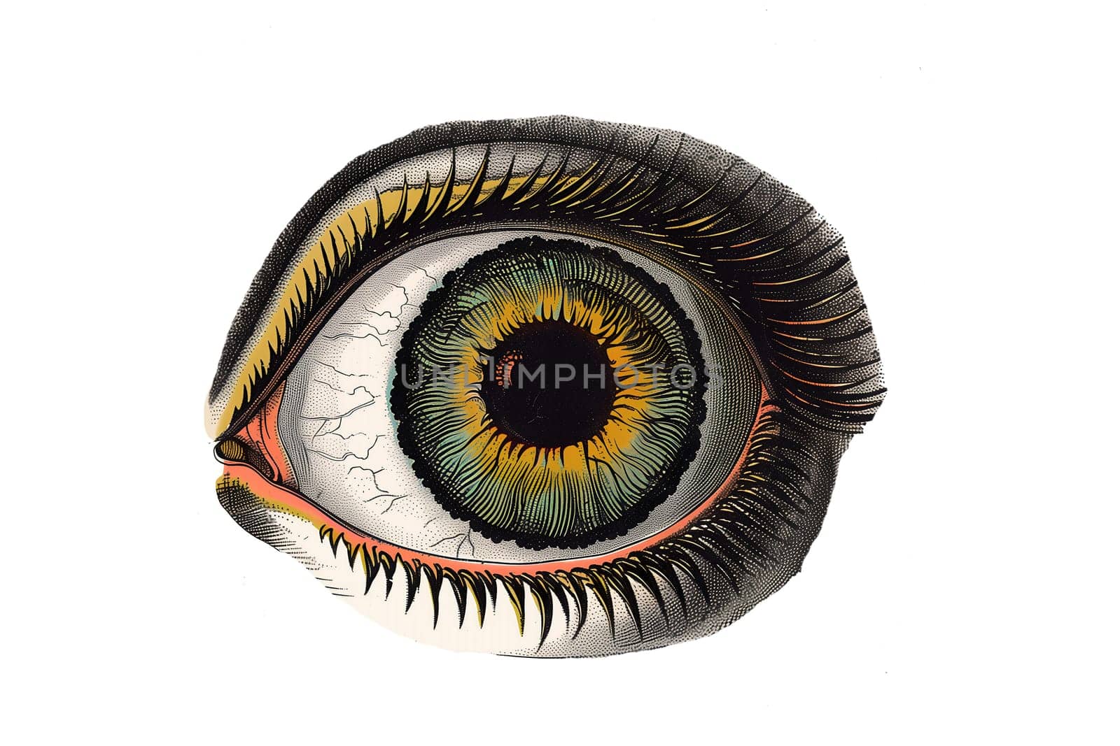 Vintage illustration of blue eye with a yellow spot in the center in hand drawn style