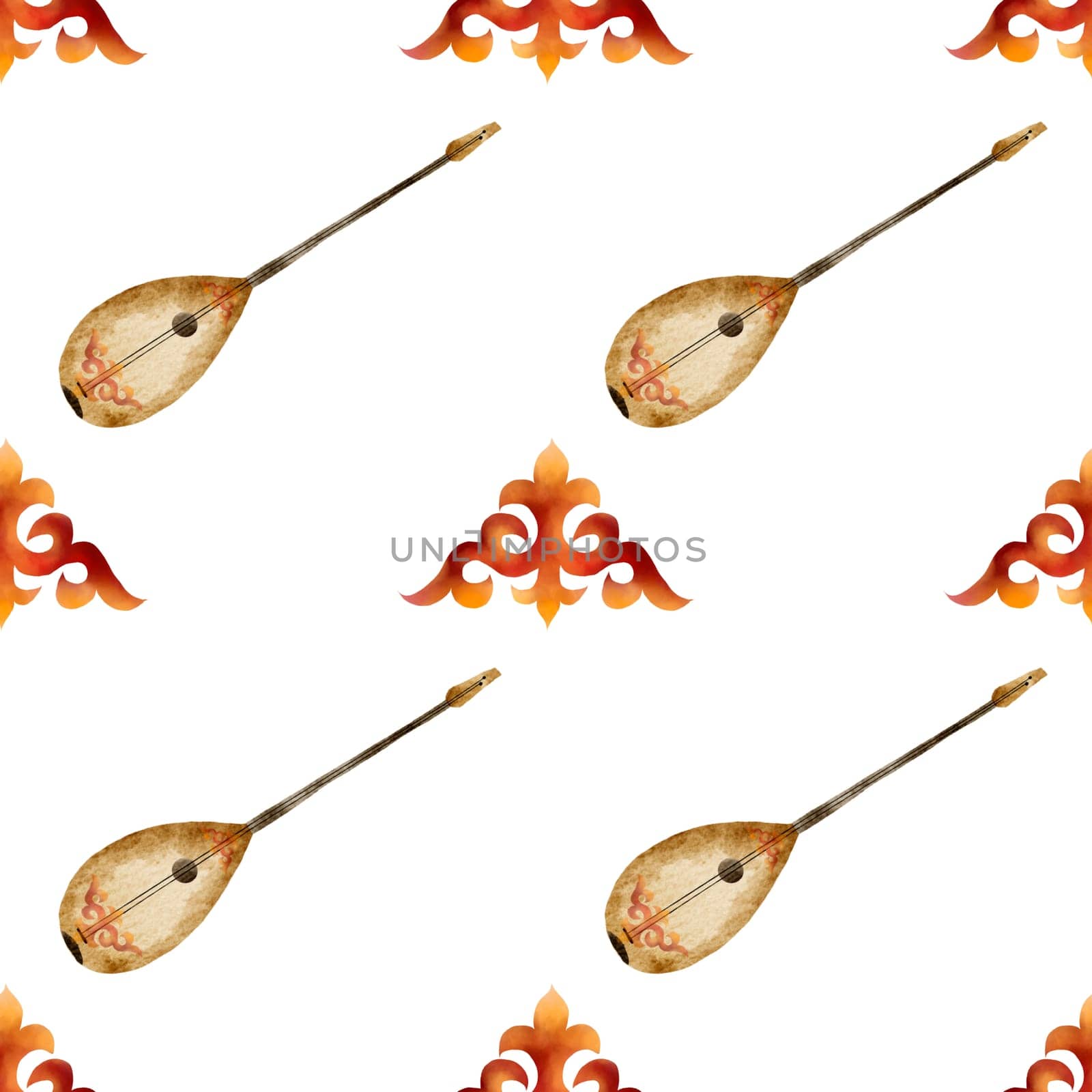 Kazakh watercolor pattern.Ornament with national symbols and dombra. Hand drawing for the Nauryz holiday, for printing on textiles and wrapping paper in a traditional style