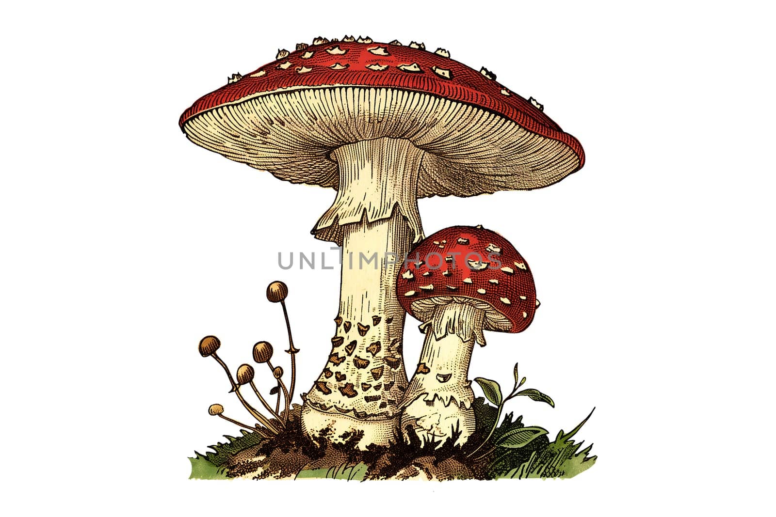 A drawing of a group of three red mushrooms and three orange pumpkins. The mushrooms are surrounded by leaves and the pumpkins are smiling. Scene is playful and whimsical