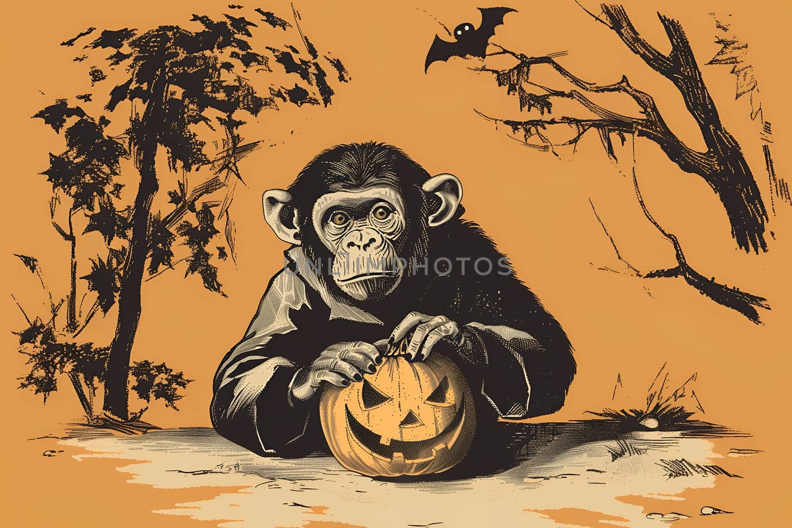 A monkey is sitting on the ground with a pumpkin in front of him. The scene is set in a forest with trees in the background. Scene is spooky and eerie