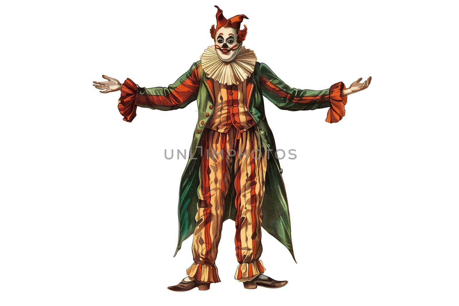 vintage retro illustration of a clown with a red nose and a creepy smile for Halloween