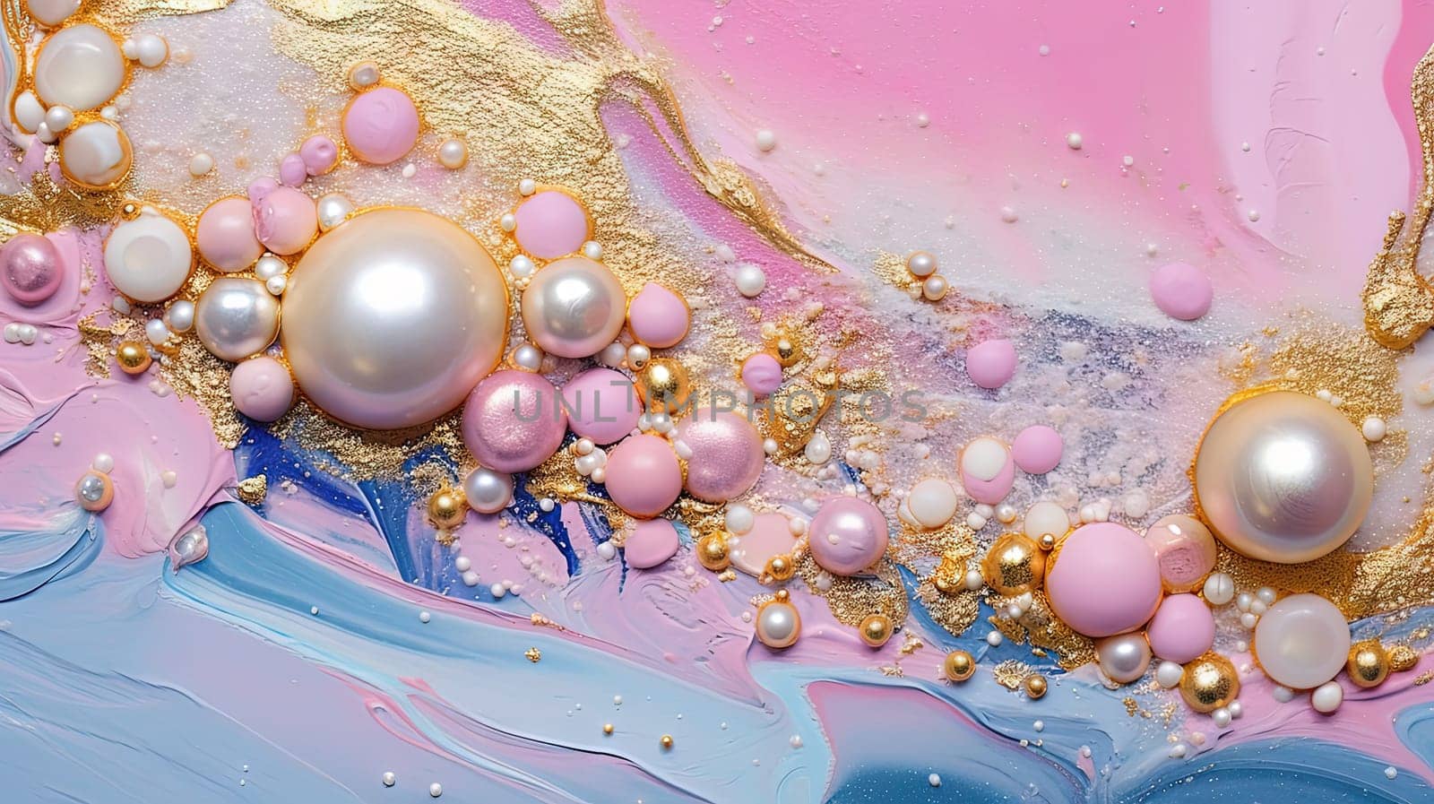 Abstract artistic background with pearlescent pink marble and holographic golden paint stains. Generated AI
