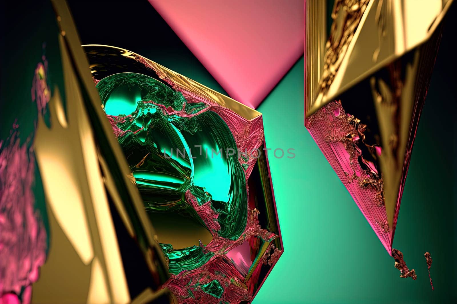 Abstract background with free 3D golden shapes, flowing and melting in surreal motion. Soft splashing abstract forms background with green and purple crystal inclusion. Generated AI