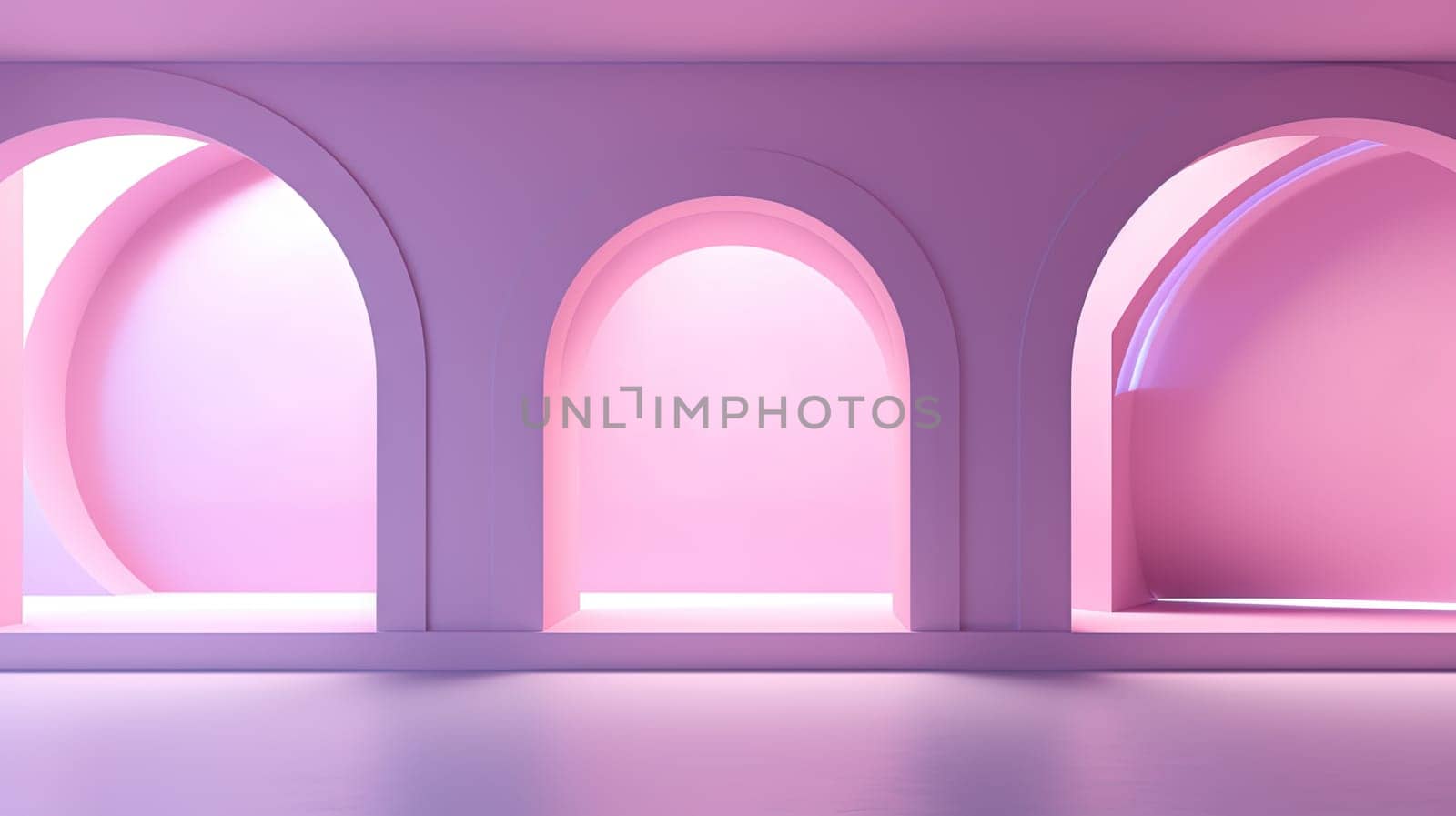 Abstract pink room with arch. Surreal architectural abstraction in pastel colors. Generated AI