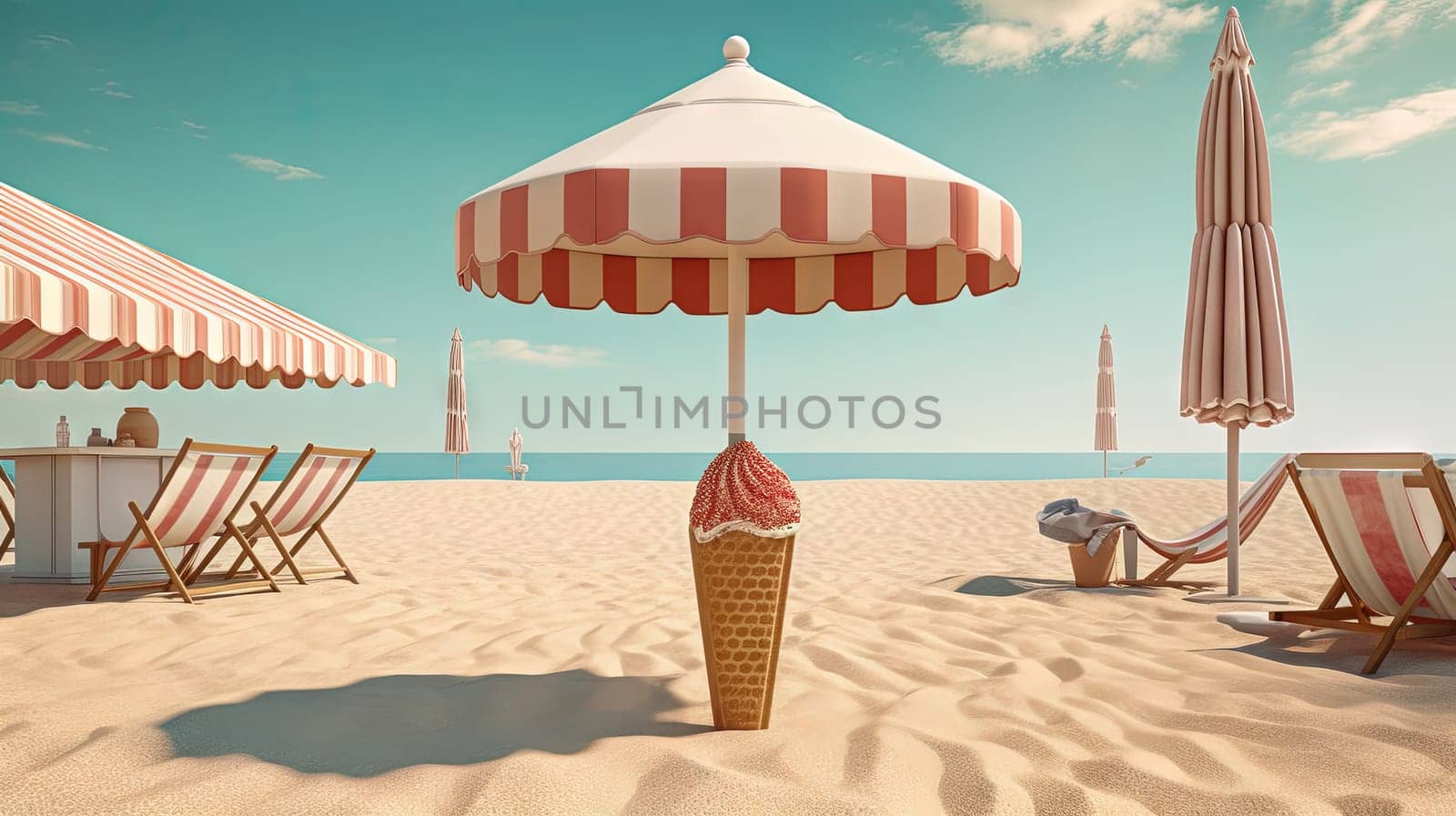 Ice cream cone in the sand of the beach. Vacation scene with ice cream on the shore line. Generative AI