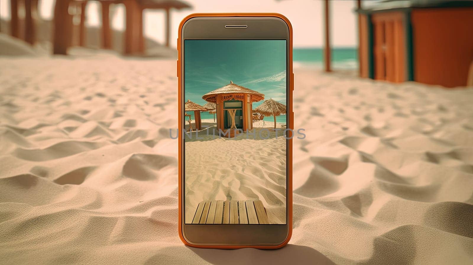 Smartphone in the sand of the beach. Vacation scene with phone on the shore line. Generative AI