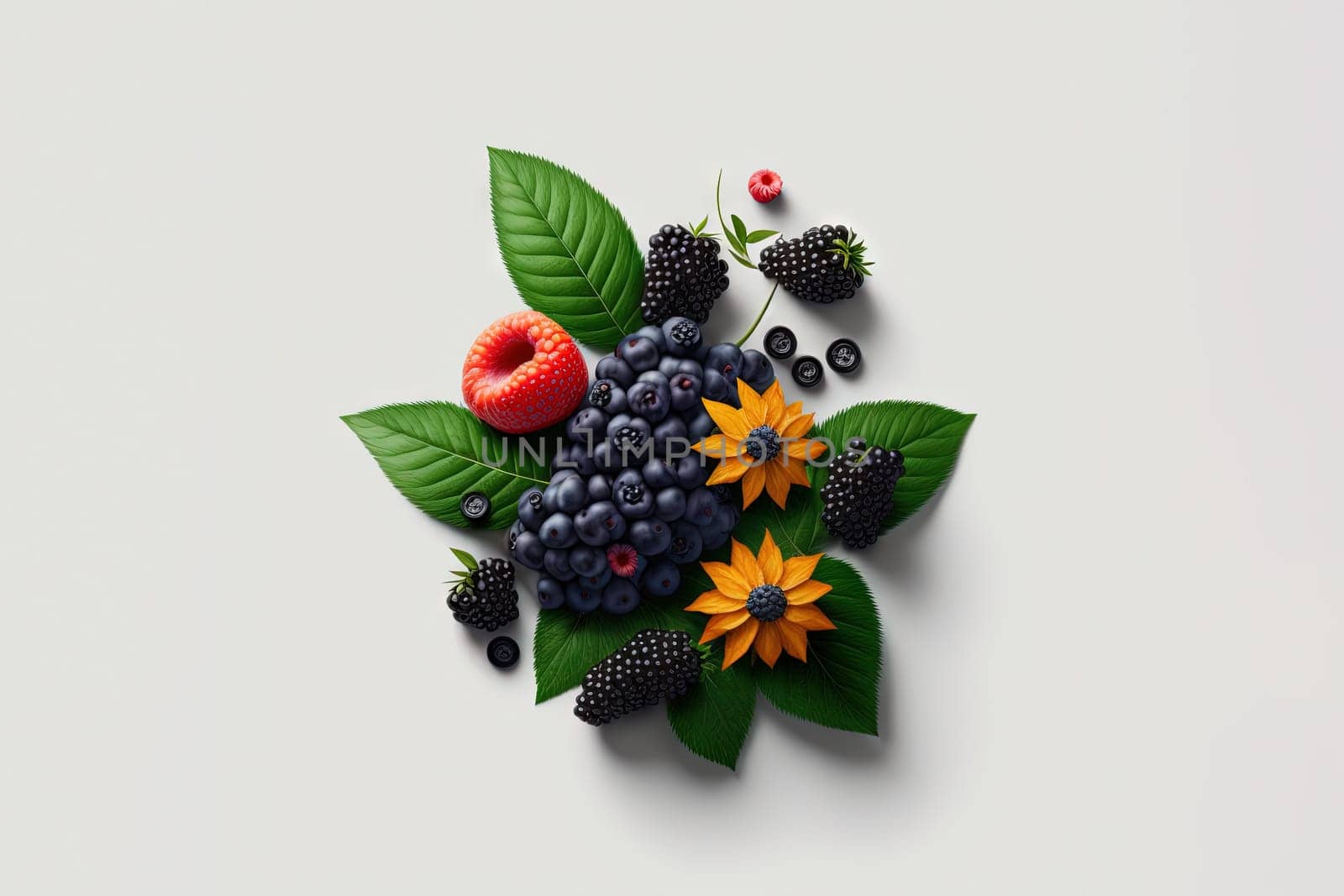 Various berries composition with leaves on white background. Juicy berries laying. Generated AI
