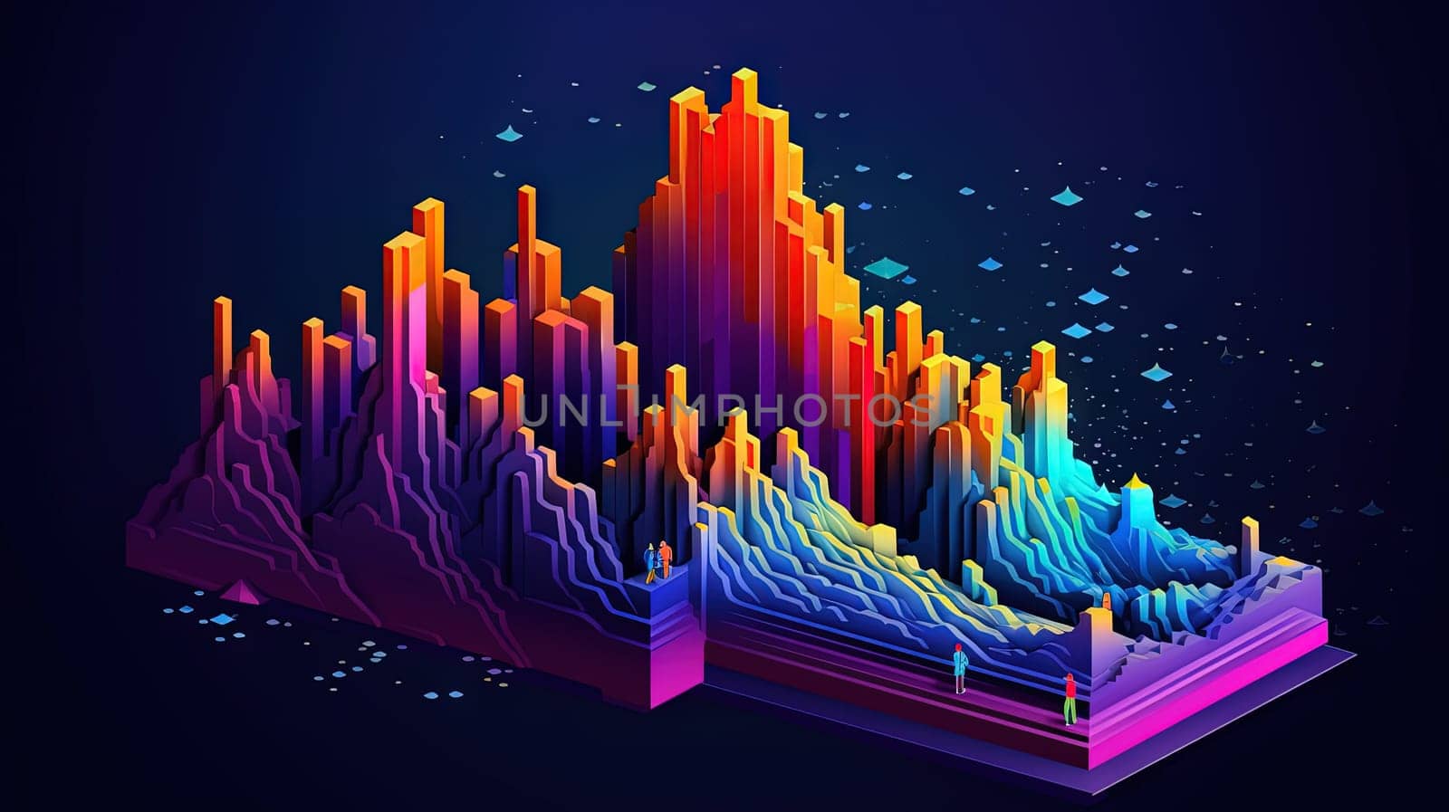 Business data graph concept with market data clusters and particles. Digital sorting and management concept for business and finance. Generated AI.