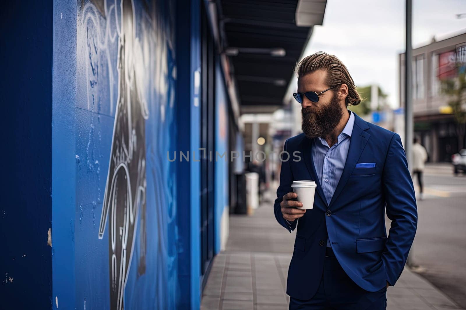 Businessman with huge beard, fashionable blue suit and a cup of coffee on the street. Generated AI