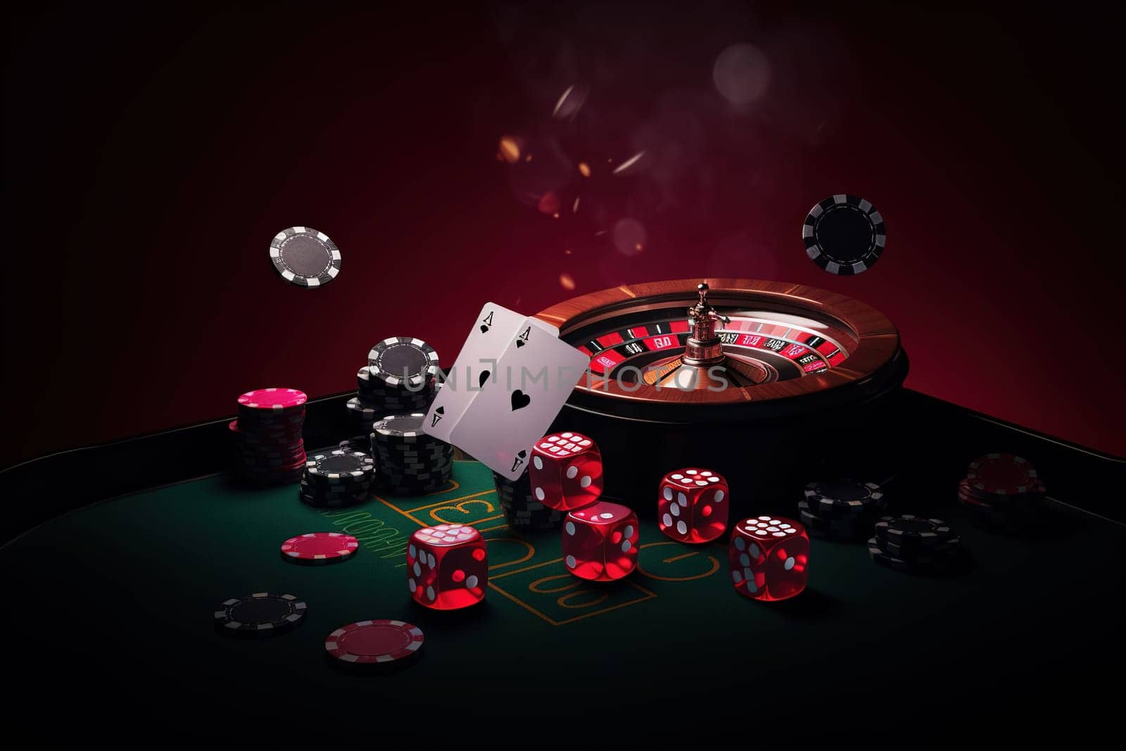 Casino concept with abstract gambling objects. Dark casino room with roulette, cards and dices. Generative AI