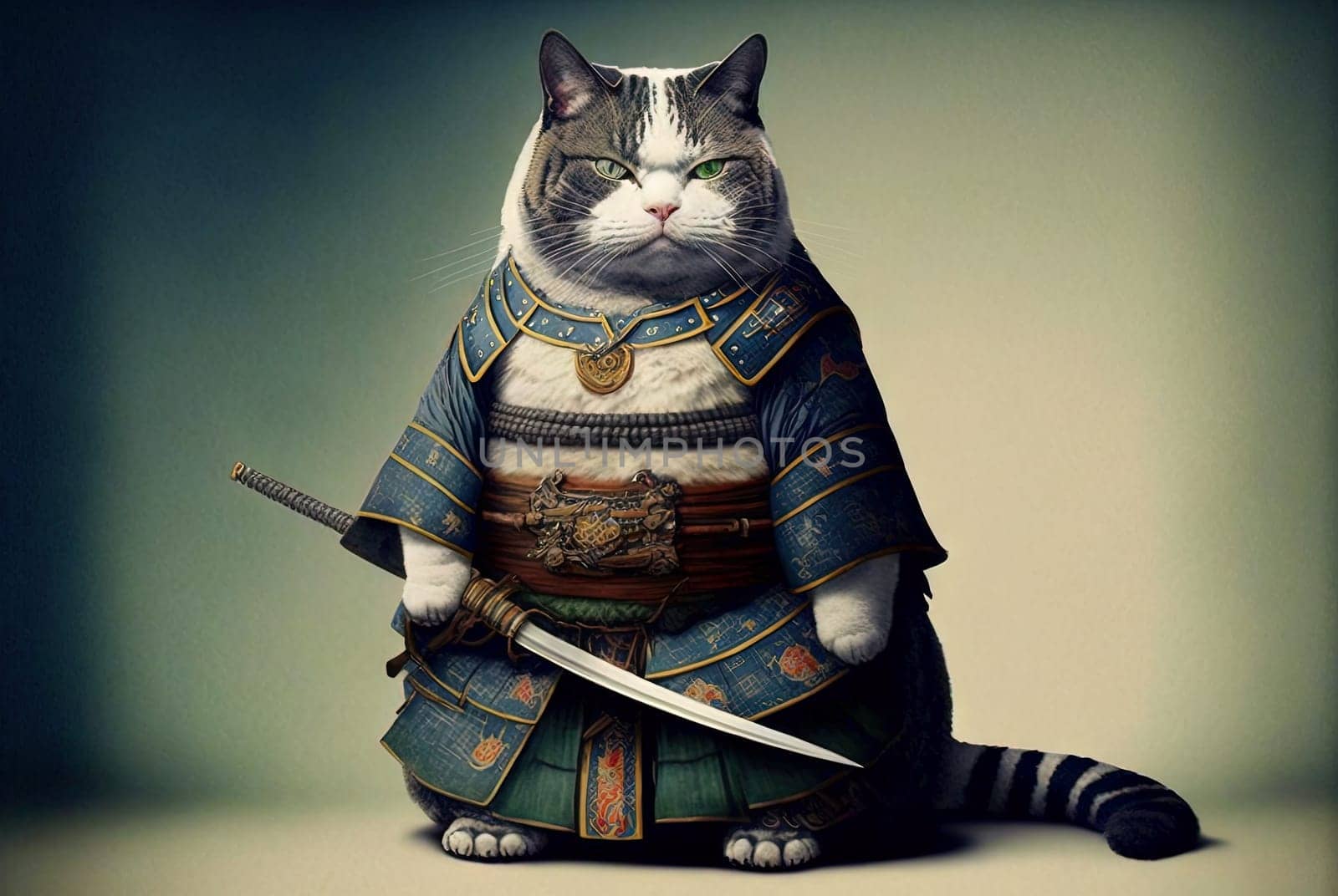 Cat samurai in traditional armor with katana. Japanese styled illustration with kitten warrior in kimono. Generated AI
