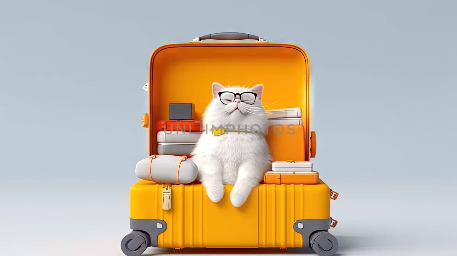 Cute white cat sitting in the suitcase. Sweet fluffy kitten is ready to travel. Generated AI