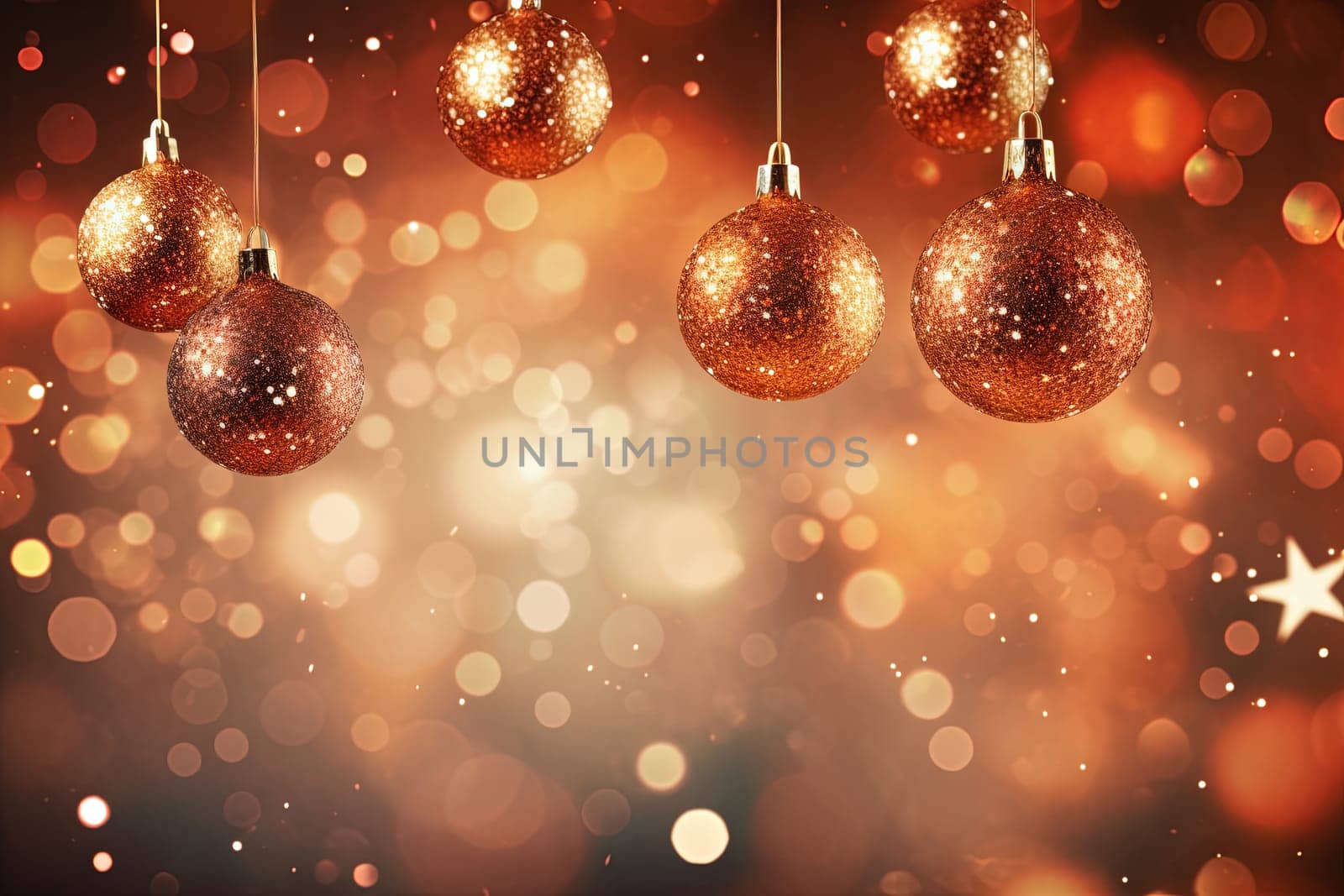 Christmas glass balls on the blurred background with bokeh. Winter holidays greeting card. Generated AI