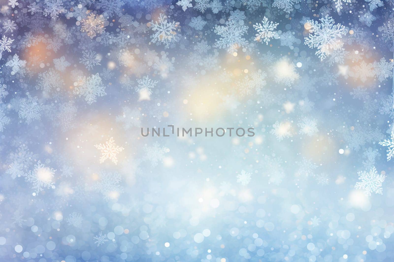 Christmas background with snowflakes and bokeh. Winter holidays celebration backdrop with snow on blurred background. Generated AI