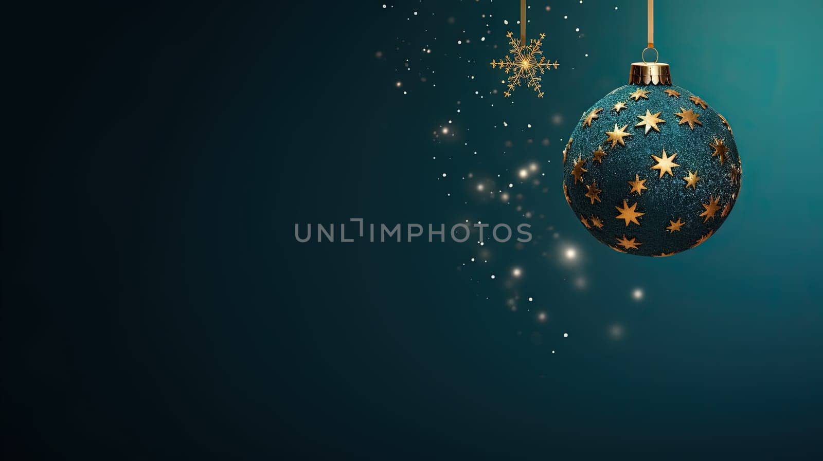 Beautiful Christmas bauble hanging on the background with snow sparkles. Xmas wither holiday card with glass ball. Generated AI