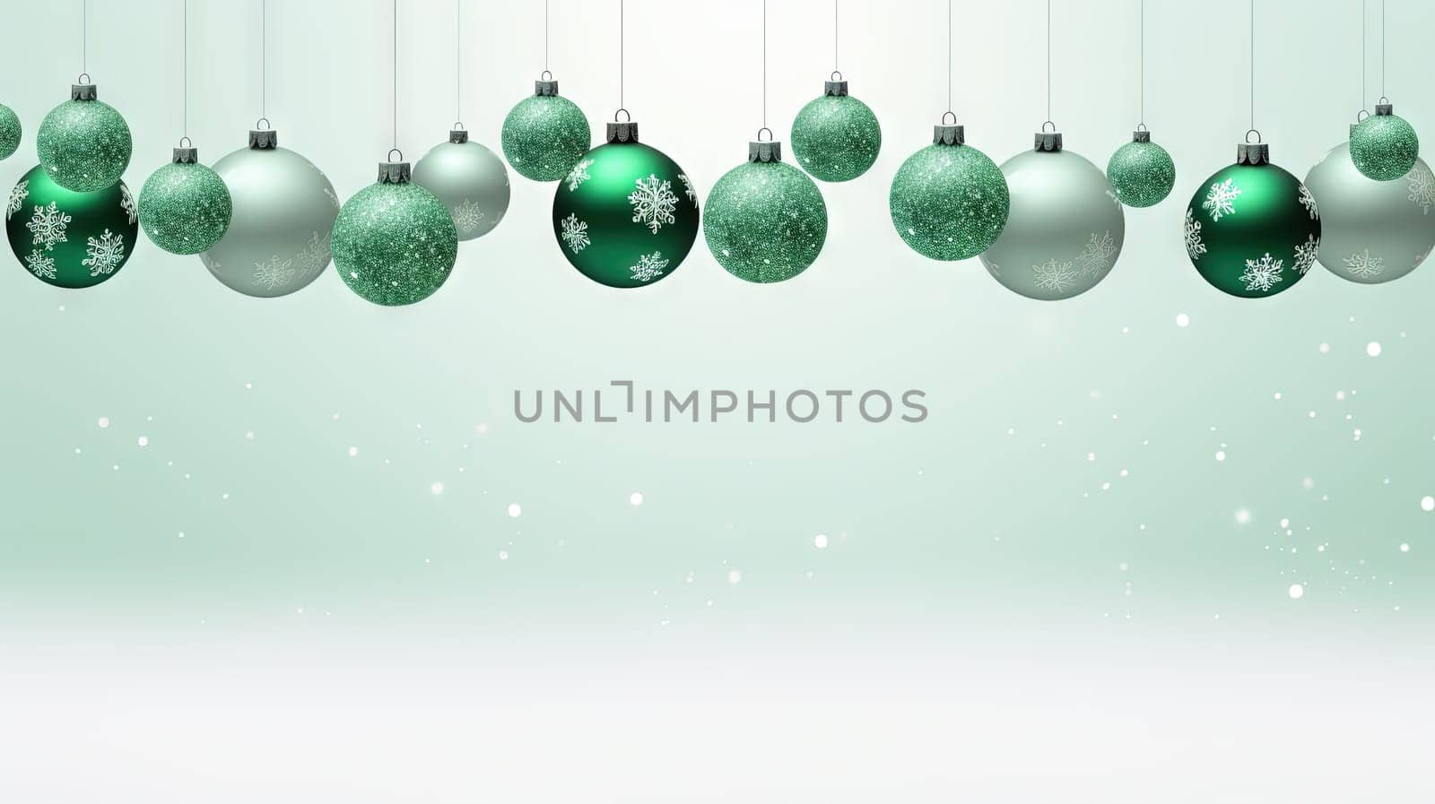 Christmas balls hanging in line on green background. Winter holiday card with baubles. Generated AI