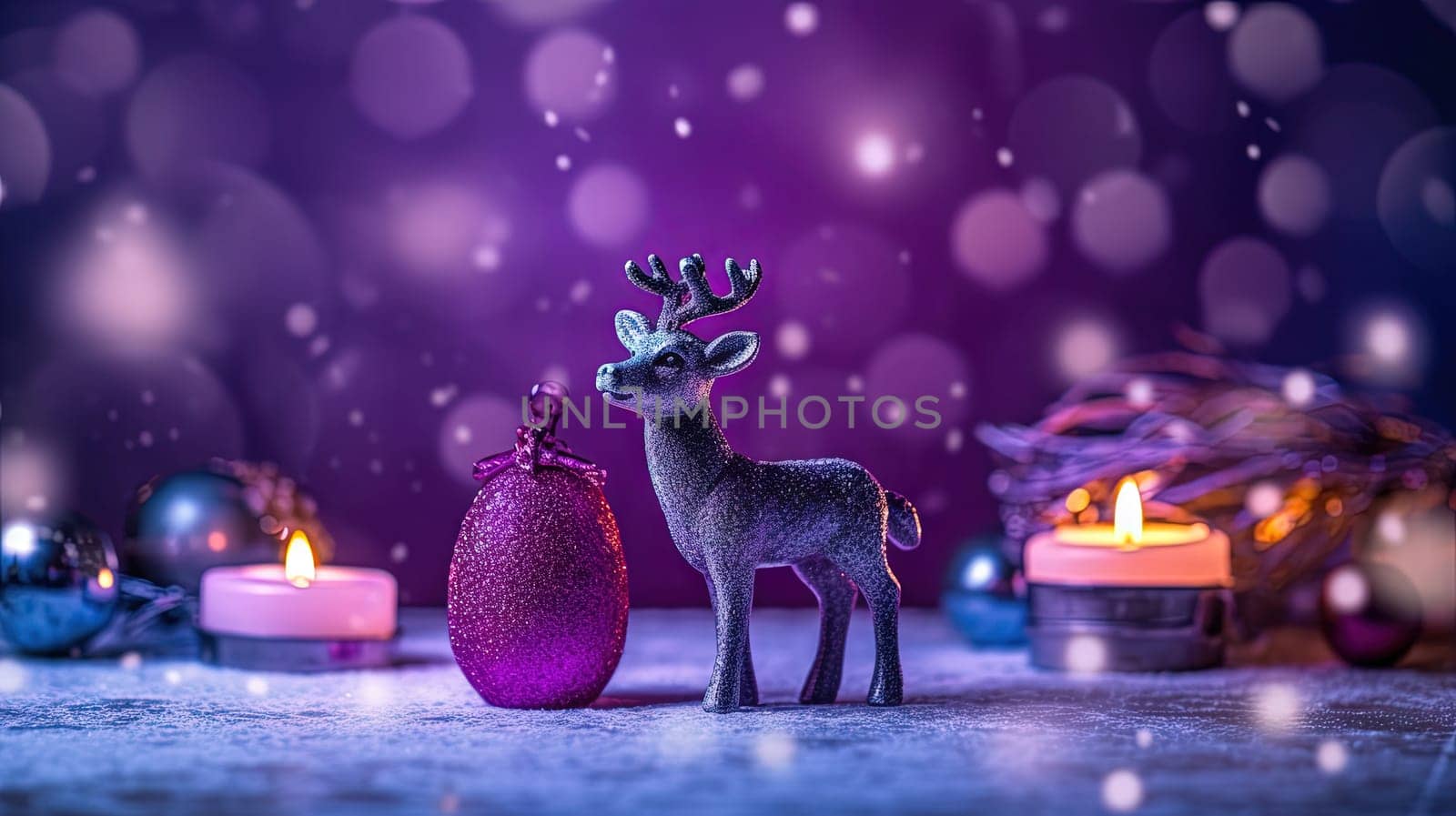 Christmas candle on the snow with deer toy and snowfall. Generated AI
