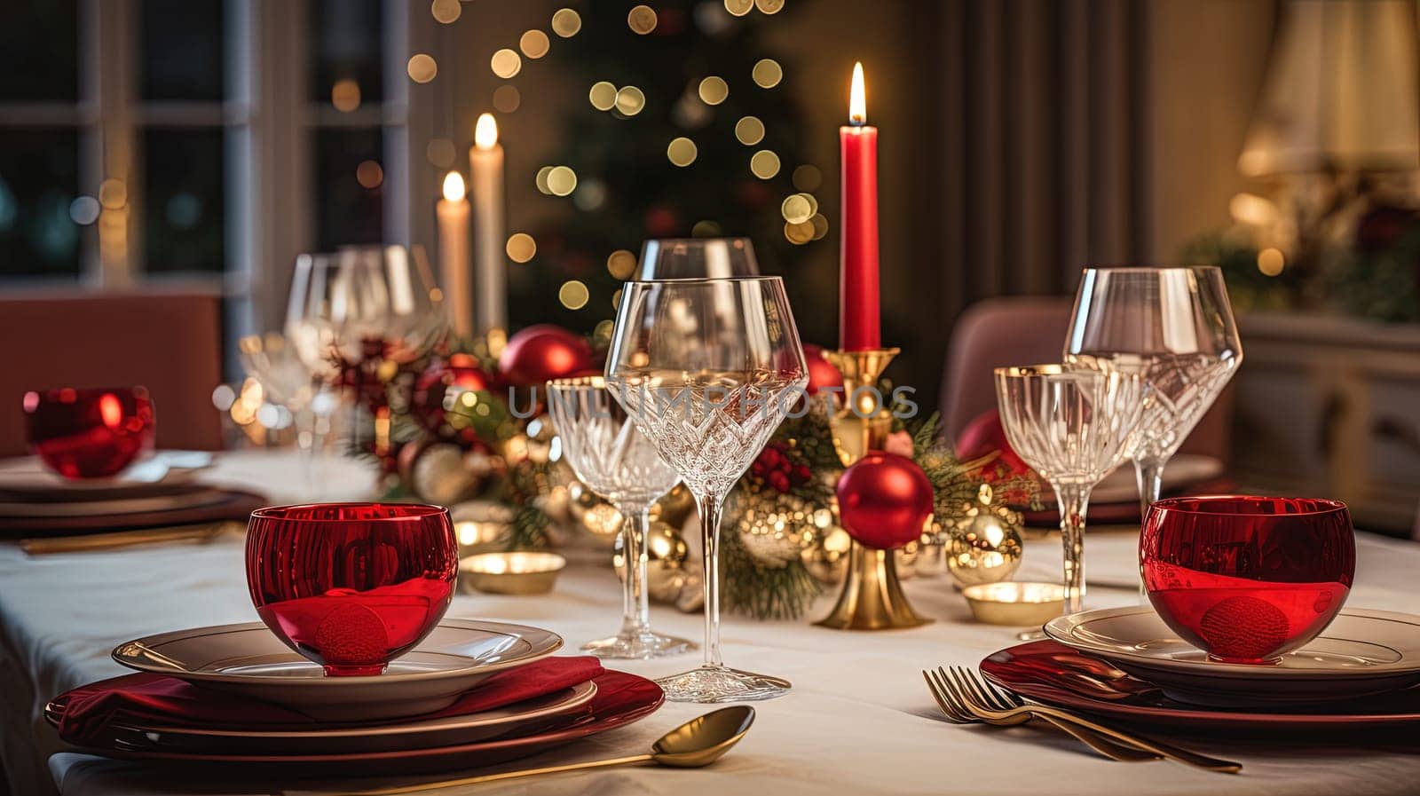Christmas dinner table setting in winter holidays room. Generated AI