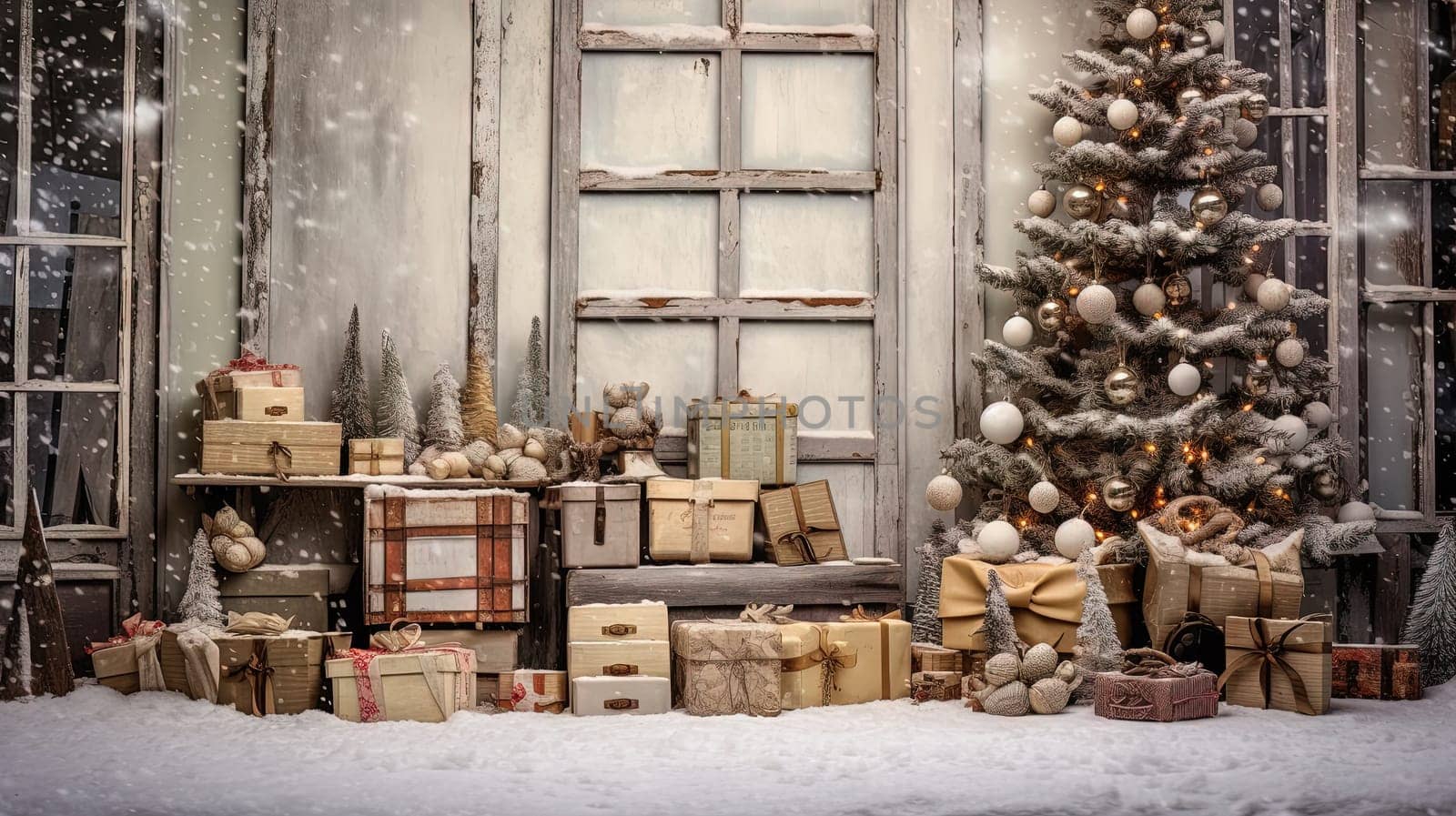 Vintage Christmas outdoor scene with gifts and baubles covered in snow. Generated AI