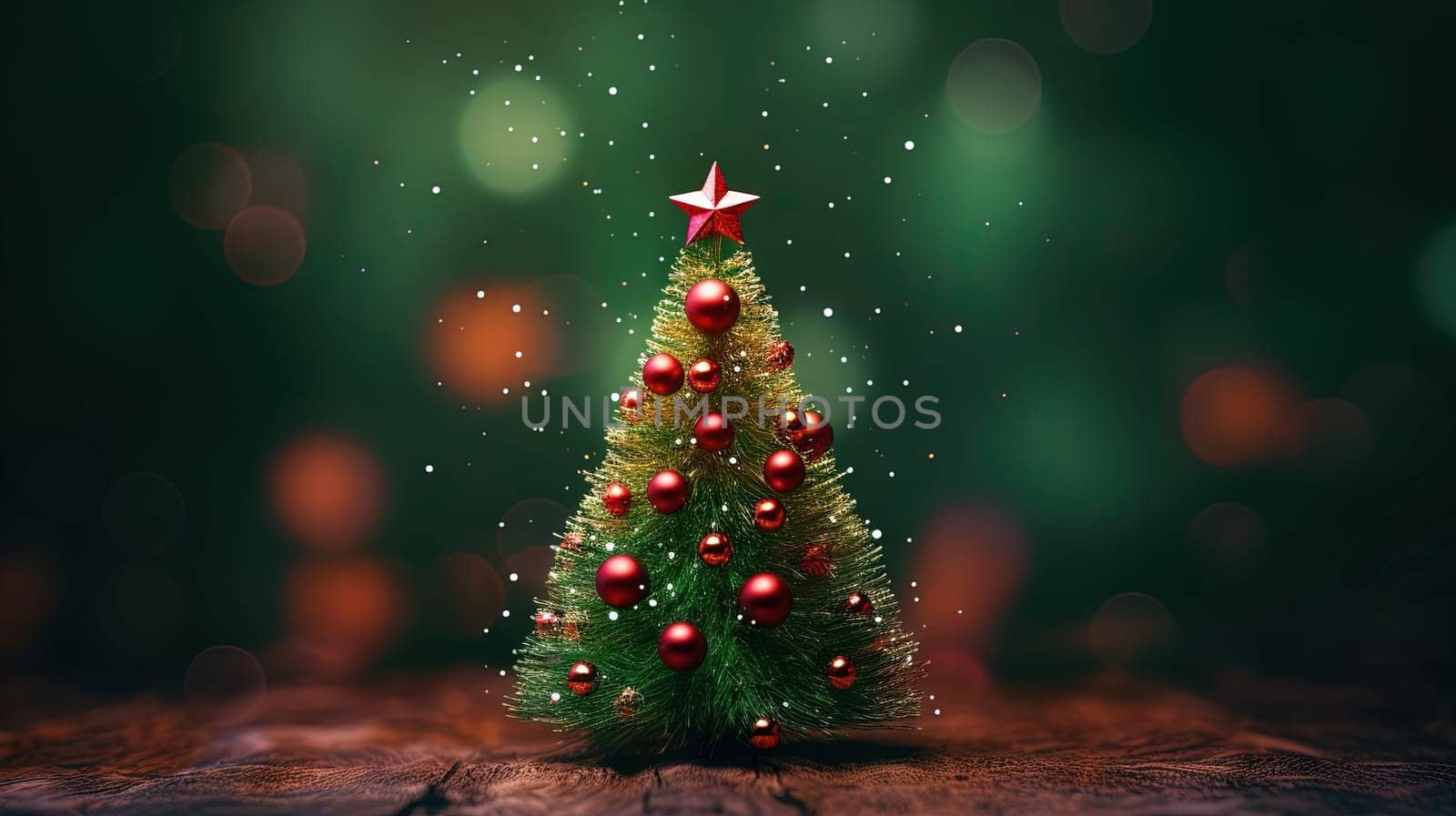 Christmas tree with glass balls on the blurred background with bokeh. Winter holidays greeting card with Xmas fir and baubles. Generated AI