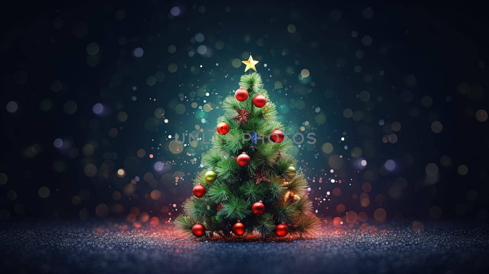 Tiny Christmas Tree toy on the table. Symbol of winter holidays with bokeh lights. Generated AI