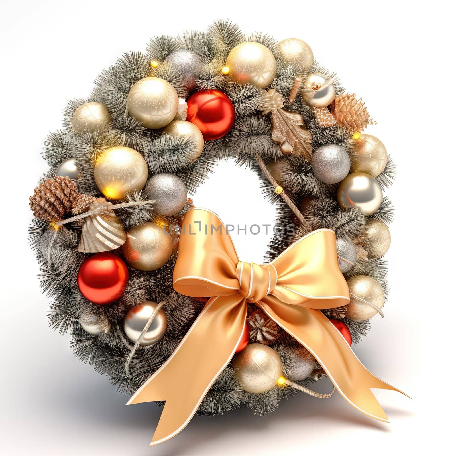 Christmas wreath with shiny baubles anr ribbon. Ornate wreath for winter holidays. Generated AI