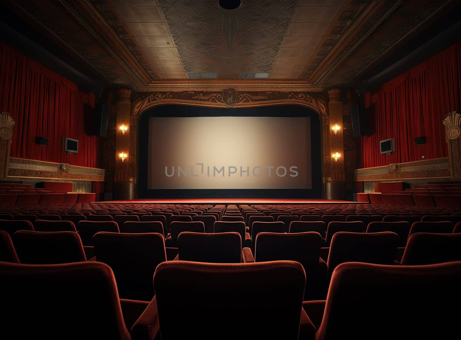 Cinema interior with seats and white screen. Movie theater room with chairs. Generated AI