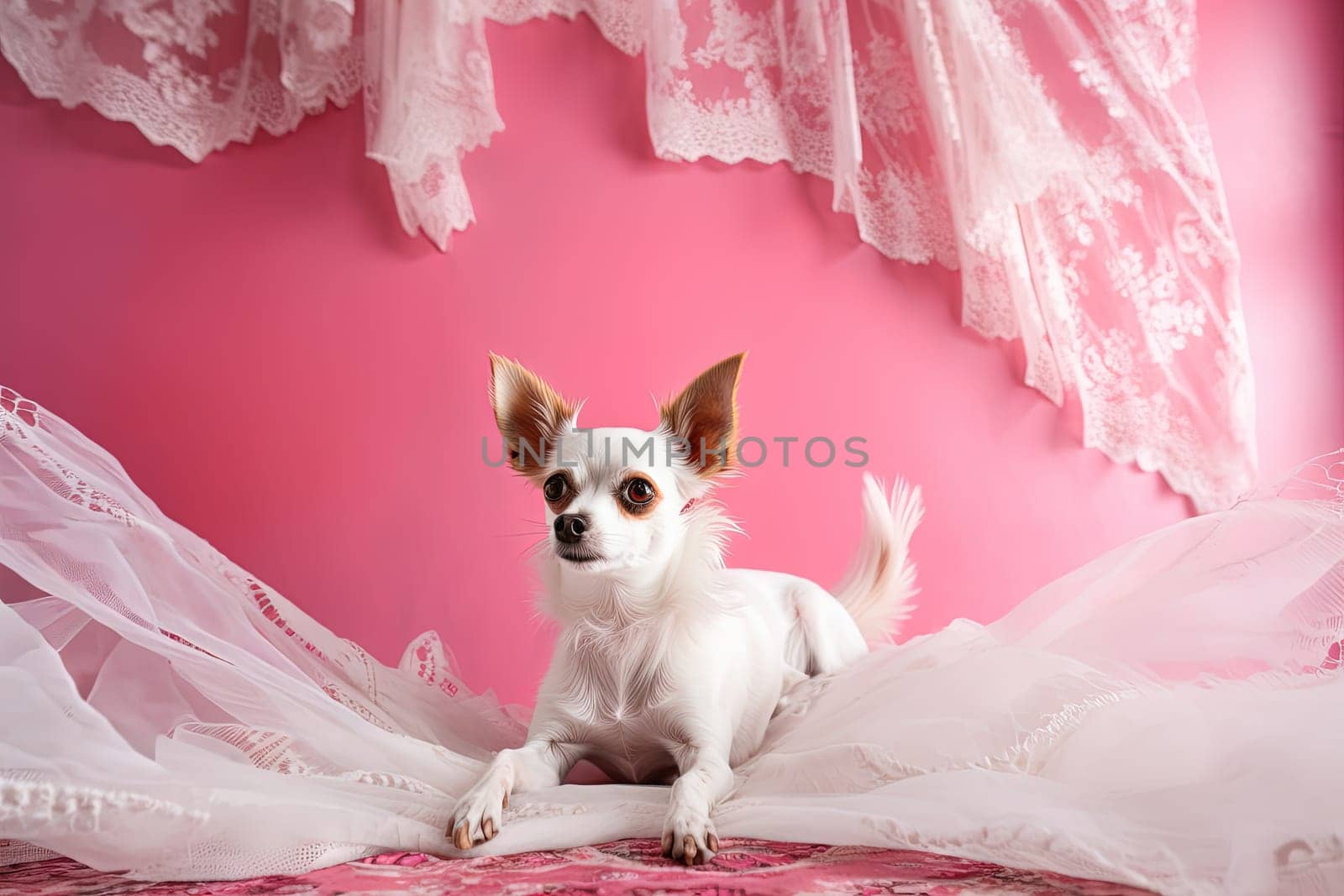 Little cute dog chihuahua in pink room with laces. Generated AI