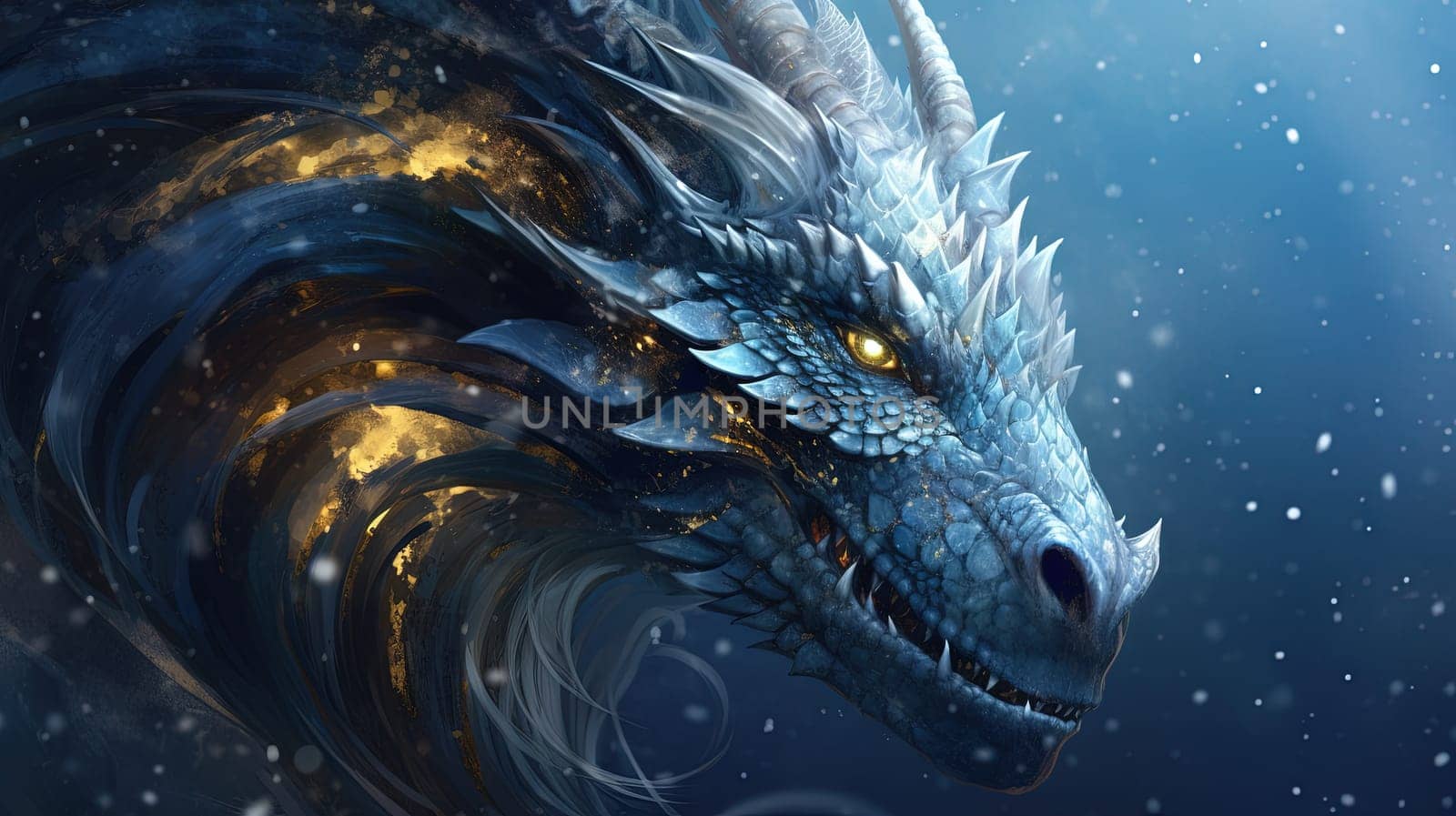 Blue dragon woman, mysterious monster from farytales and symbol of 2024 lunar year in Chinese calendar. Generated AI