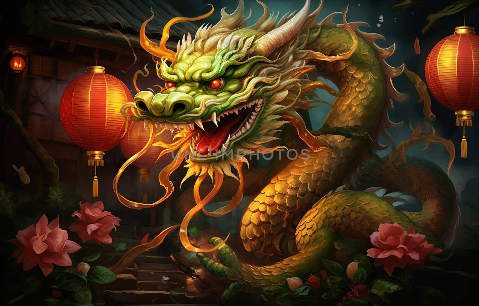 Green dragon in traditional style, mysterious monster from farytales and symbol of 2024 lunar year in Chinese calendar. Generated AI