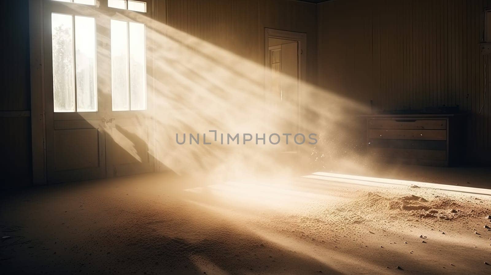 Dusty room with old distressed windows and sun rays. Abandoned grungy interior with lights in the dust. Generated AI