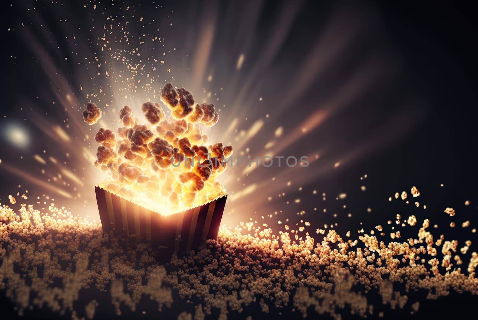 A box of popcorn. Movie theater themed popcorb package. Generative AI
