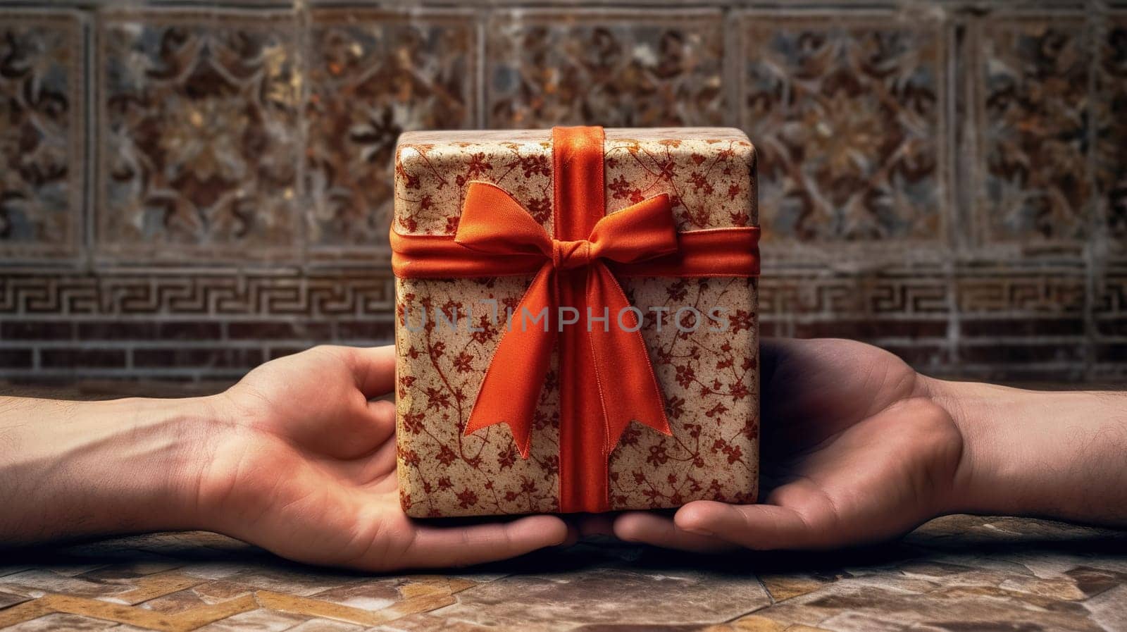 Handcrafted gift box in hands. Offering of the beautiful handmade giftbox. Generated AI